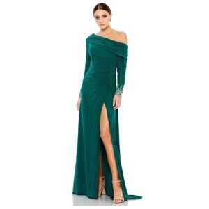 Mac Duggal 12231 Emerald Green Beaded Cuff Drop Shoulder Faux Wrap Gown 8